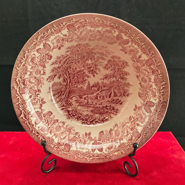 English Ironstone Tableware | Kom Schaal (diameter 22,0 cm | hoogte 7,0 cm) met ‘English Rural Scene’ motief in Roze kleur | Vintage