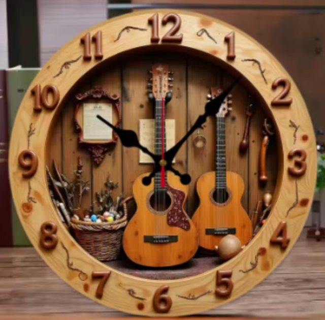 Ronde wandklok van hout analoge Gitaren (25cm)