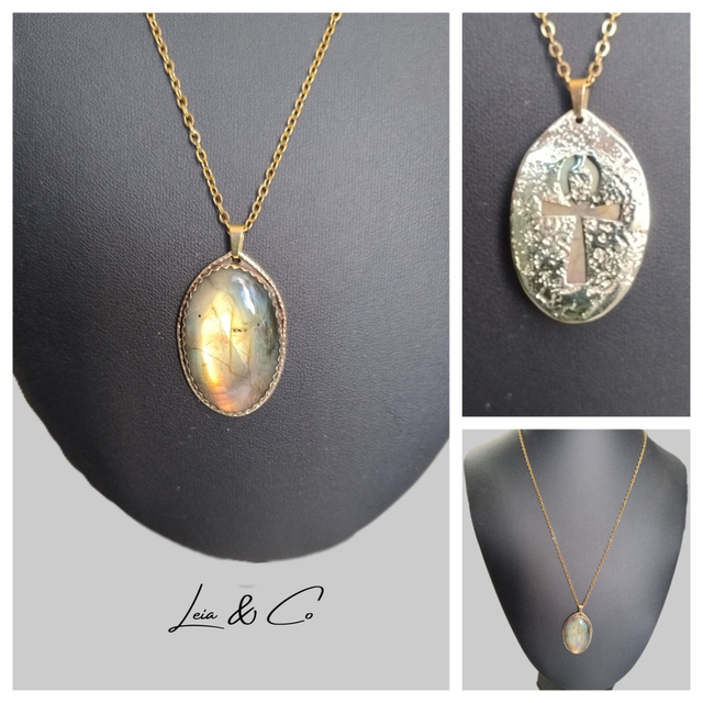 Collier doré Labradorite verte et Ankh LEIA&CO