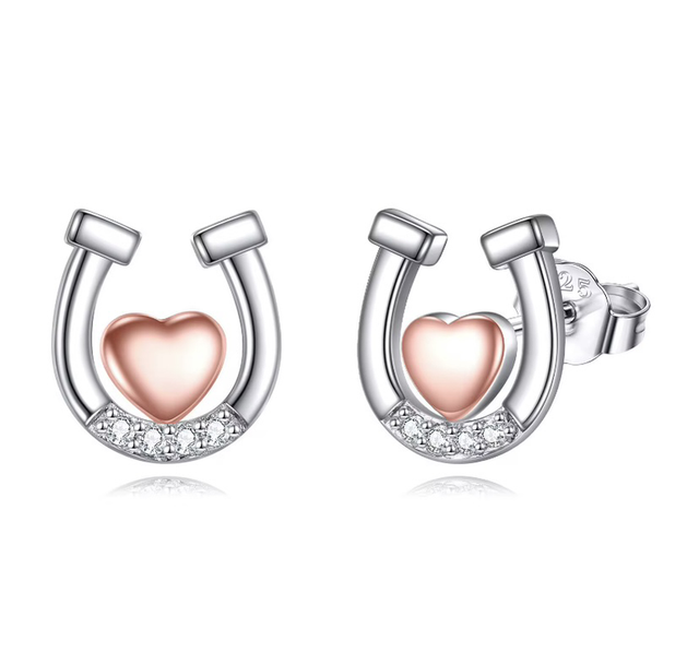 925 Silver Plated Horseshoe Stud Earrings with Rose Gold Plated Heart and Cubic Zircona 