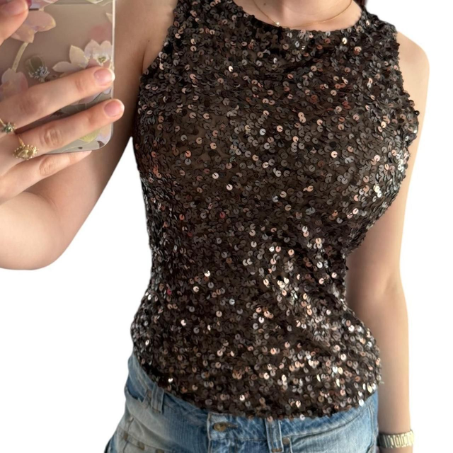 y2k brown boatneck sequin mesh vest top 