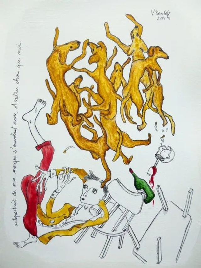 Autoportrait e mon masque s'envolant avec d'autres chiens que moi