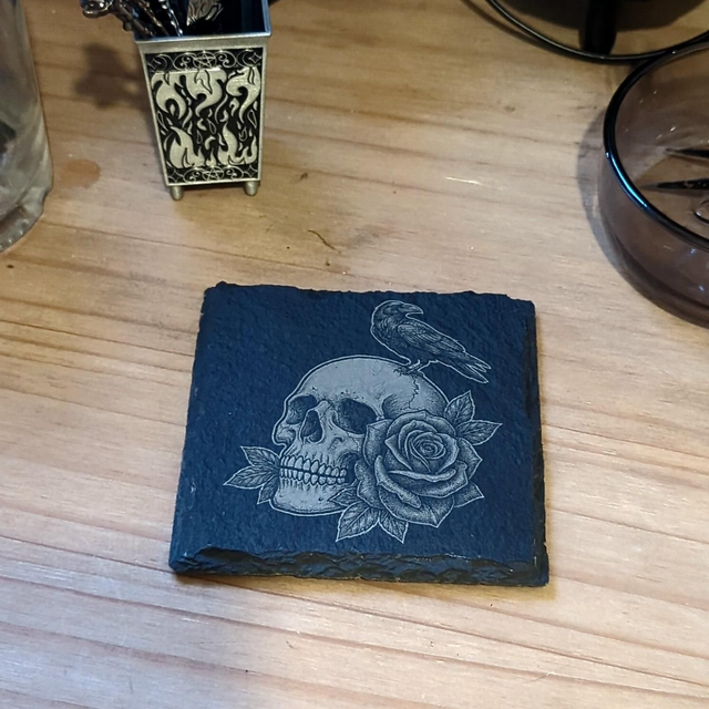 Raven, Skull and Rose Laser Engraved Slate Coaster