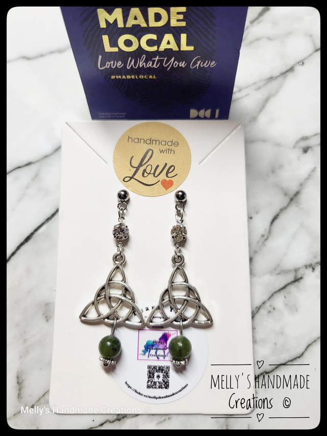 Celtic Trinity Knot earrings with Jade and Cubic Zirconia 
