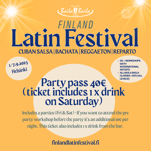 Party pass (Fri & Sat) = 40€ (ticket includes 1 x drink on Saturday - NO pre party workshops) 