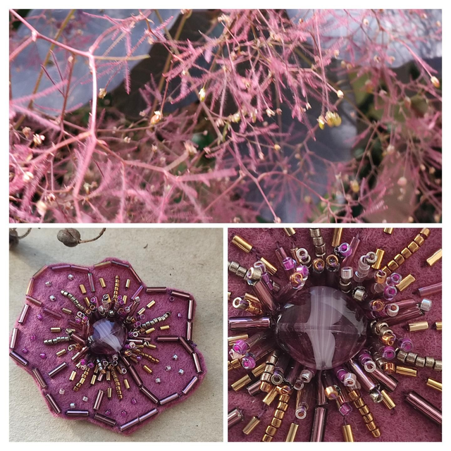 Broche fleur tissée main, feutrine et perles en verre, pièce unique 