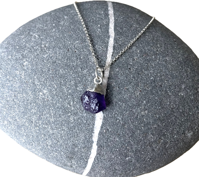 February - Amethyst birthstone necklace - raw & topped with sterling silver