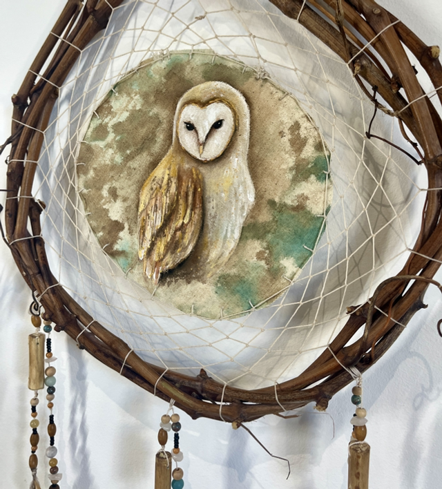 Esprit de la Chouette - Peinture Totémique & Attrape-rêves artisanal