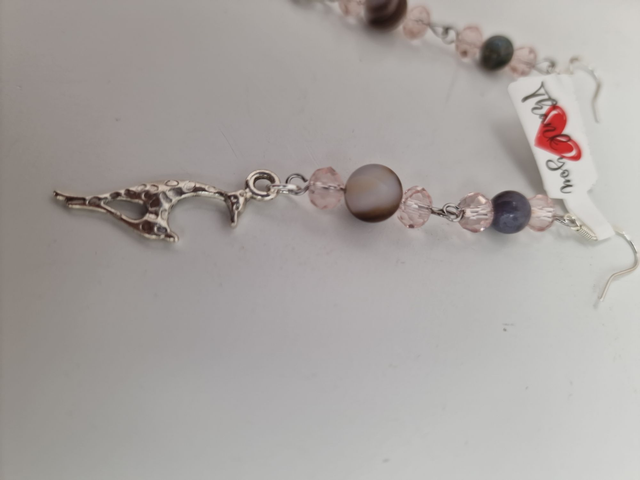 Boucles D'oreilles Girafes Acier Argenté Perles Agate Indienne Aventurine