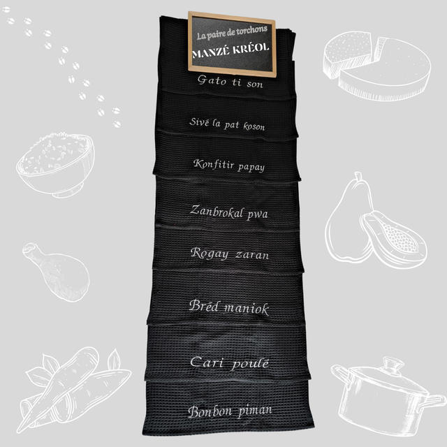 Torchons &quot;Manzé Kréol&quot; Noir
