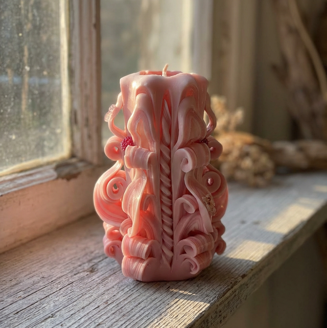 Hand-Carved Pillar Candle – Artisan Decorative Candle - Baby Pink JC56