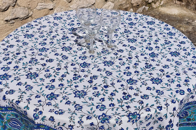 Nappe carrée 100cm imprimée à la main, coton, motif floral bleu, turquoise et vert