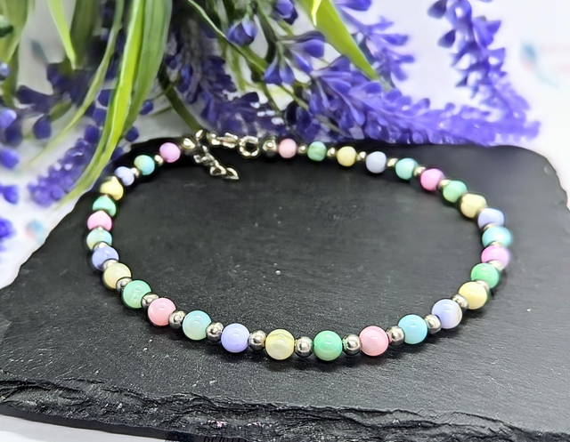 Rainbow Pastel Shell &amp; Stainless Steel Beaded Anklet.
