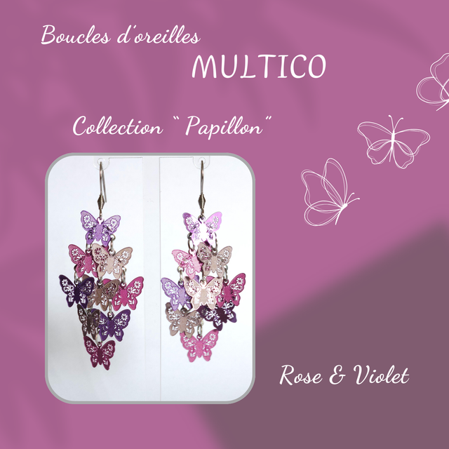 Boucles d&#039;oreilles MULTICO - Collection Papillon - Rose et Violet