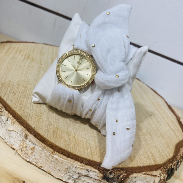 Montre à nouer double gaze blanc pois or 