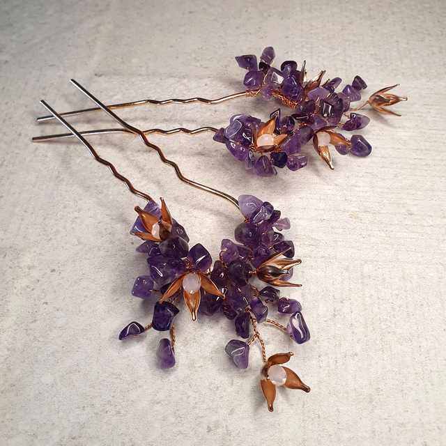 Tocado peinetas dobles piedras amatista y flores Art Nouveau Tista