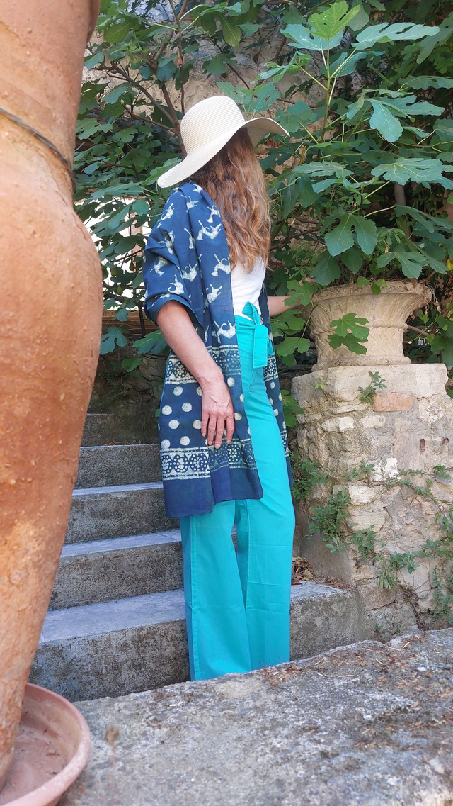 Pantalon d’été en coton léger – Taille haute, zip &amp; ceinture, légèrement évasé, coupe ajustée - Bleu 