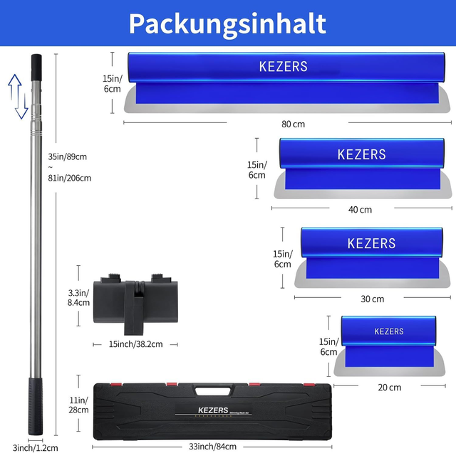 KEZERS Flächenspachtel-Set – 4 Spachtel mit Teleskopstange & Koffer