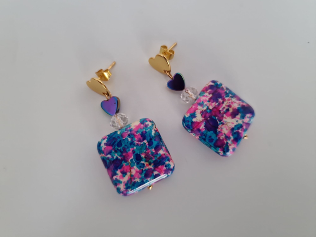 Boucles D'oreilles Acier Cœurs Multicolore Pierres Naturelles Multicolore