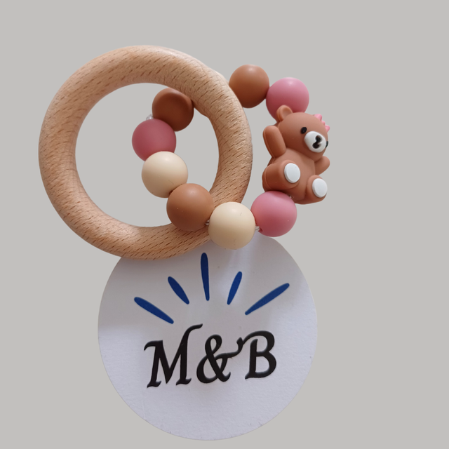 🔸 Anneau de dentition bois & silicone – Nounours 3D Marron 🧸