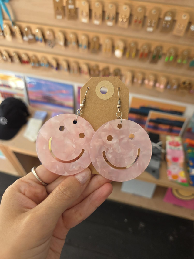 Large Baby Pink Marble Happy Face Acrylic Charm Drop Earrings - Silver Plated - HH-204