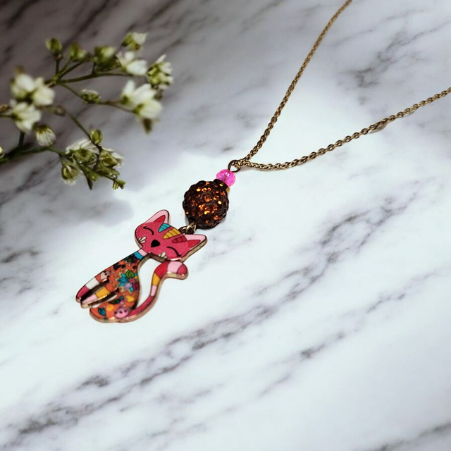 Collier acier inoxydable et cristal rose et marron chats