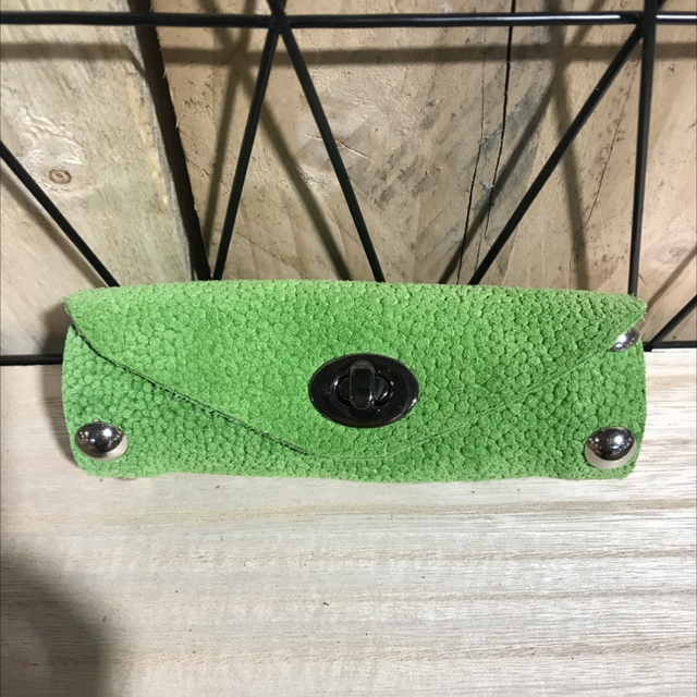 Porte Monnaie Bois et Cuir Vert Pomme effet Galuchat 