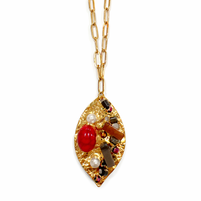 Collar acero dorado hoja y piedras 