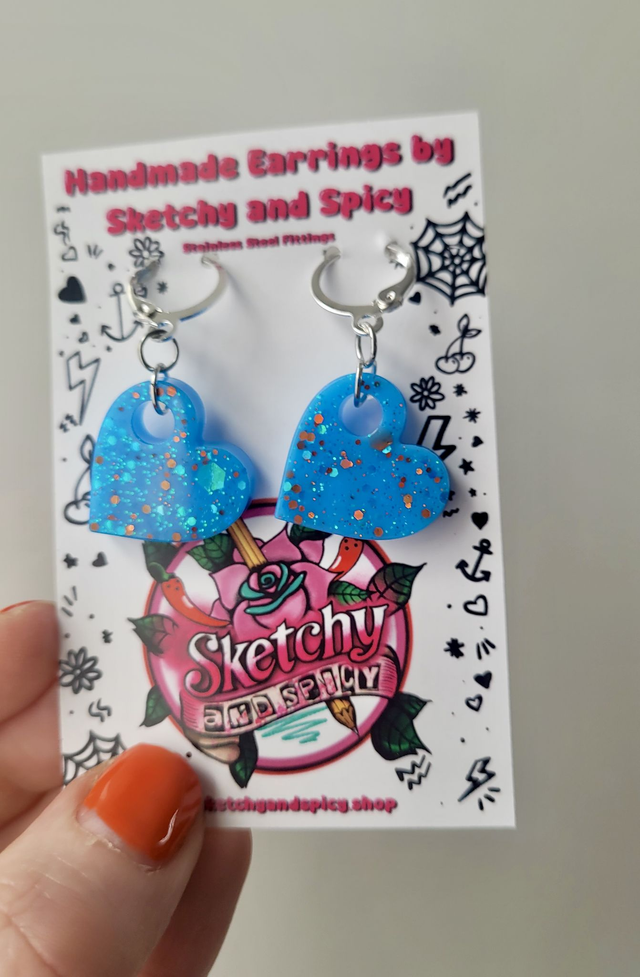 Earrings | Blue Glitter Hearts | Stainless Steel Hoops