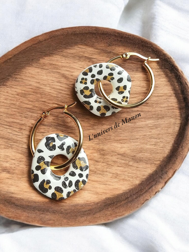 Boucle d'oreille Fleur pampille , pour créole en Acier Inoxydable pour Femme et Enfant Pampilles interchangeables Zélie léopard