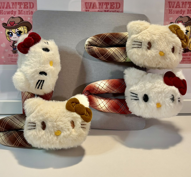 Large Kitty plush/check fabric hair clip 2 designs