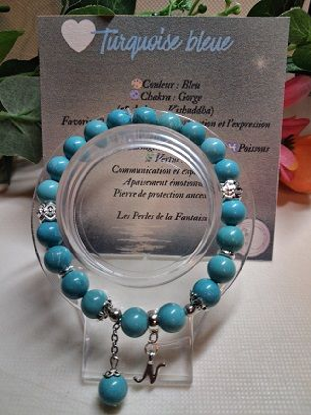 Bracelet en Turquoise bleue + carte chakra incluse