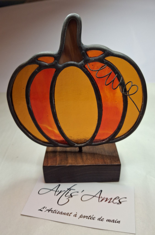 Vitrail Citrouille avec socle bois