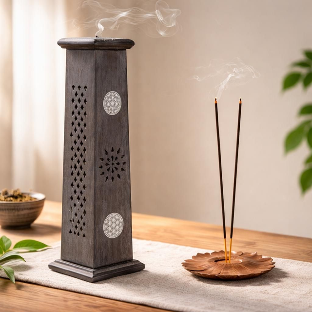 "Fleur de vie" - Tour à encens tige &amp; cône - Bois