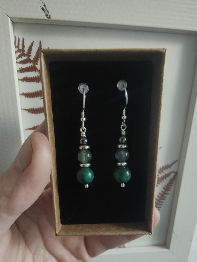 Boucles d&#039;oreilles &quot;Harmonie&quot; Triple Argent 925 : Hématite Agate Mousse Malachite 