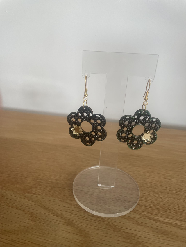 boucles d oreilles vertes kakis fleur  effet cannage en rotin