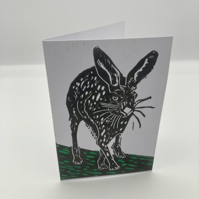 Handprinted Running Hare Card - 15 x 10 cm