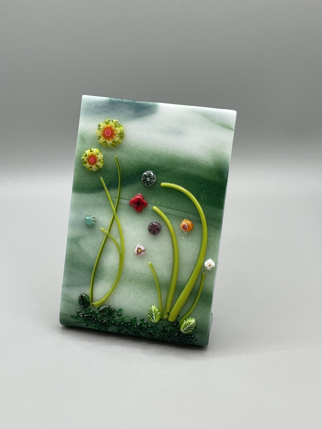 Freestanding fused glass floral scene