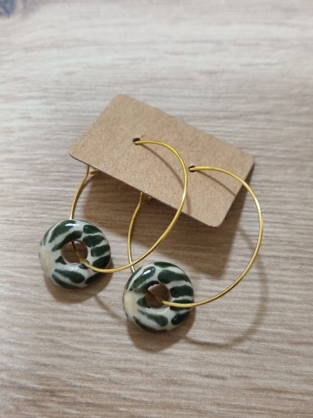 Ceramic Hoop Circle Earrings - Green Flower