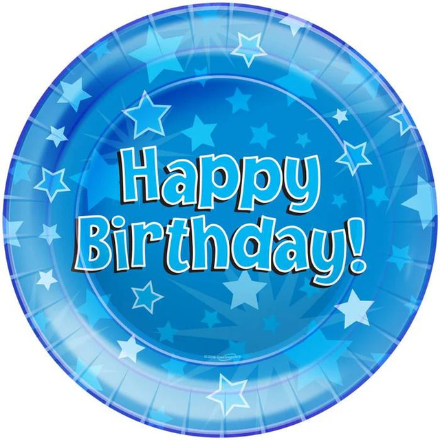 PLATES: HAPPY BIRTHDAY BLUE 9"/23CM PLATES (8 PLATES PER PACK)