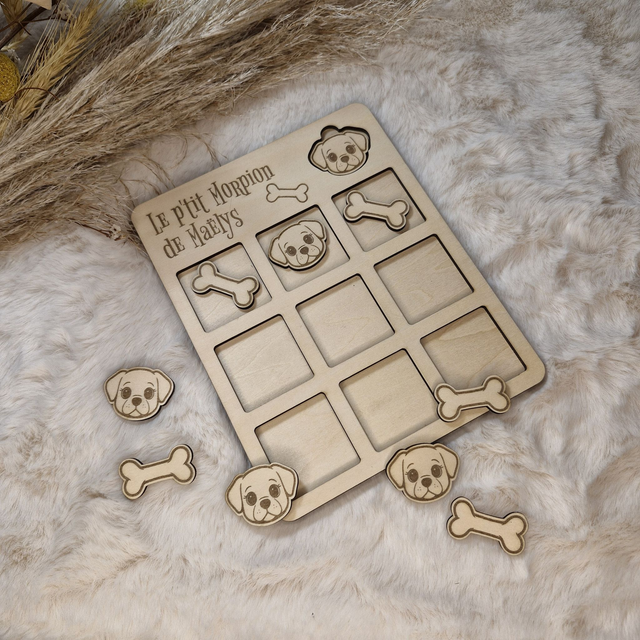 Jeu de morpion Tic Tac Toe pour enfant en bois gravé - décor Chien