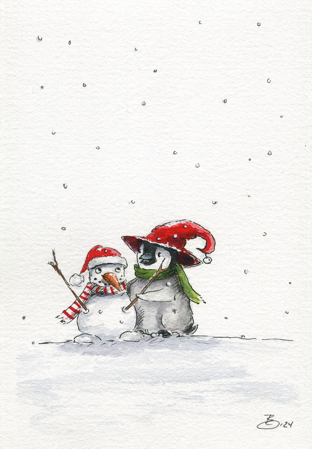 FineArt-Print - kleiner Pinguin & Schneemann