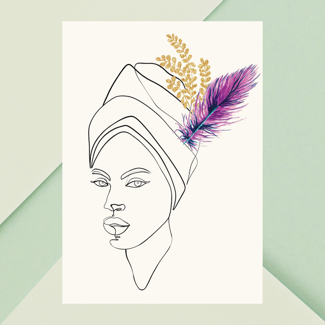 Impression d'Art en Ligne avec Plume Violette et Tiges Florales Dorées / Elegant Femme: Line Art Print with Purple Feather and Gold Floral Accents