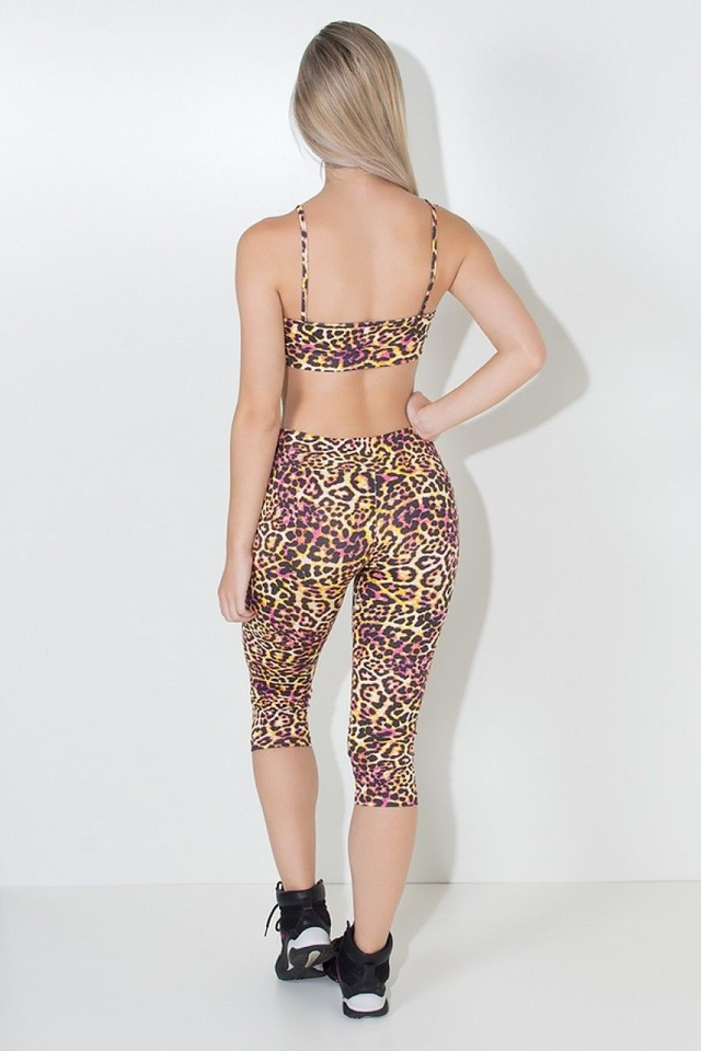 Conjunto Fitness Top e Corsário Oncinha Amarela e Rosa | Kaisan