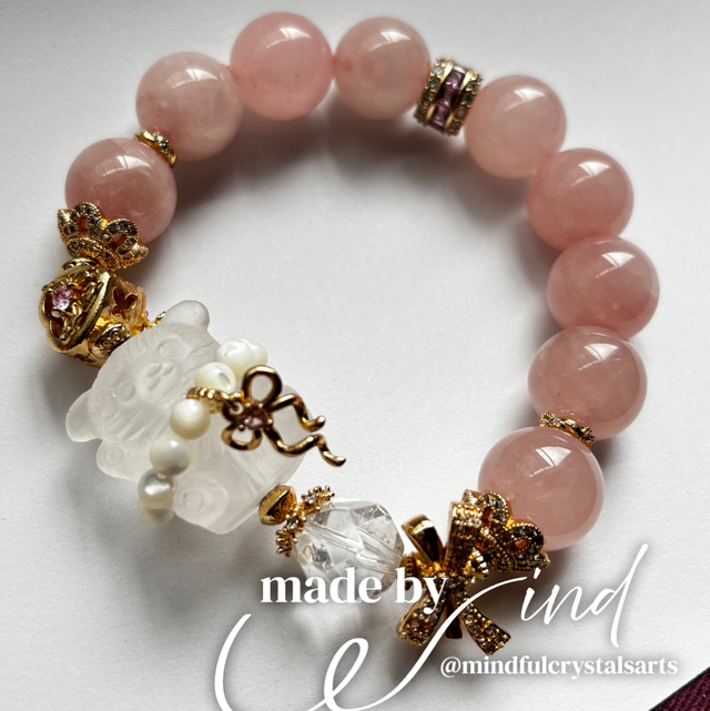 Made by Wind Series: 14mm Rose Quartz Beads × Clear Quartz Bear Carving Bracelet