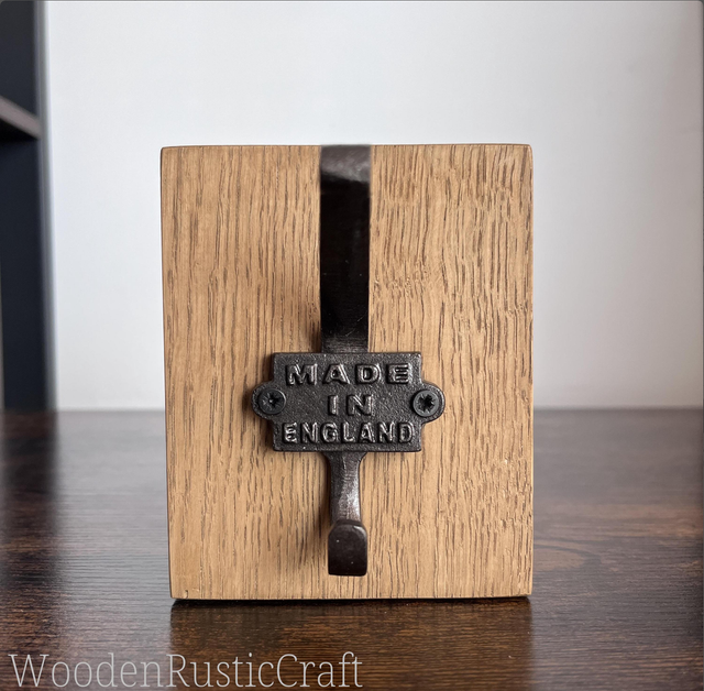 English Oak Wall Hook with Cast Iron Hook