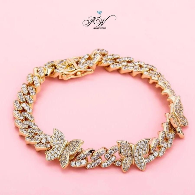 Bracelet Maille Cubaine Et Papillons Plaqué-or Jaune 18k 