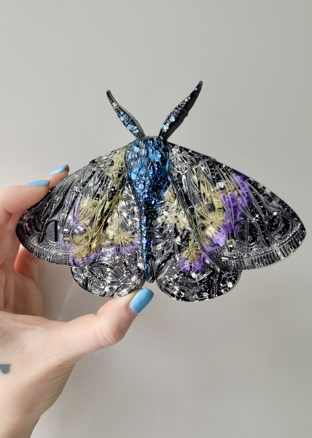 Moth Wall Hanging - Black Glitter, Purple Real Dried Flowers - Midnight Blue Body