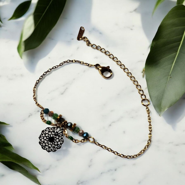Bracelet acier inoxydable vert noir et doré