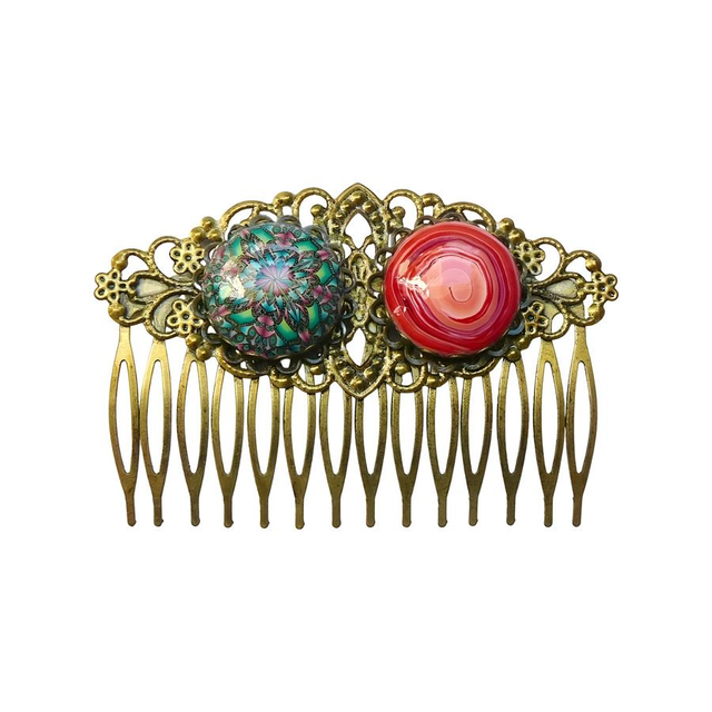 Peigne rétro double cabochon vert rouge